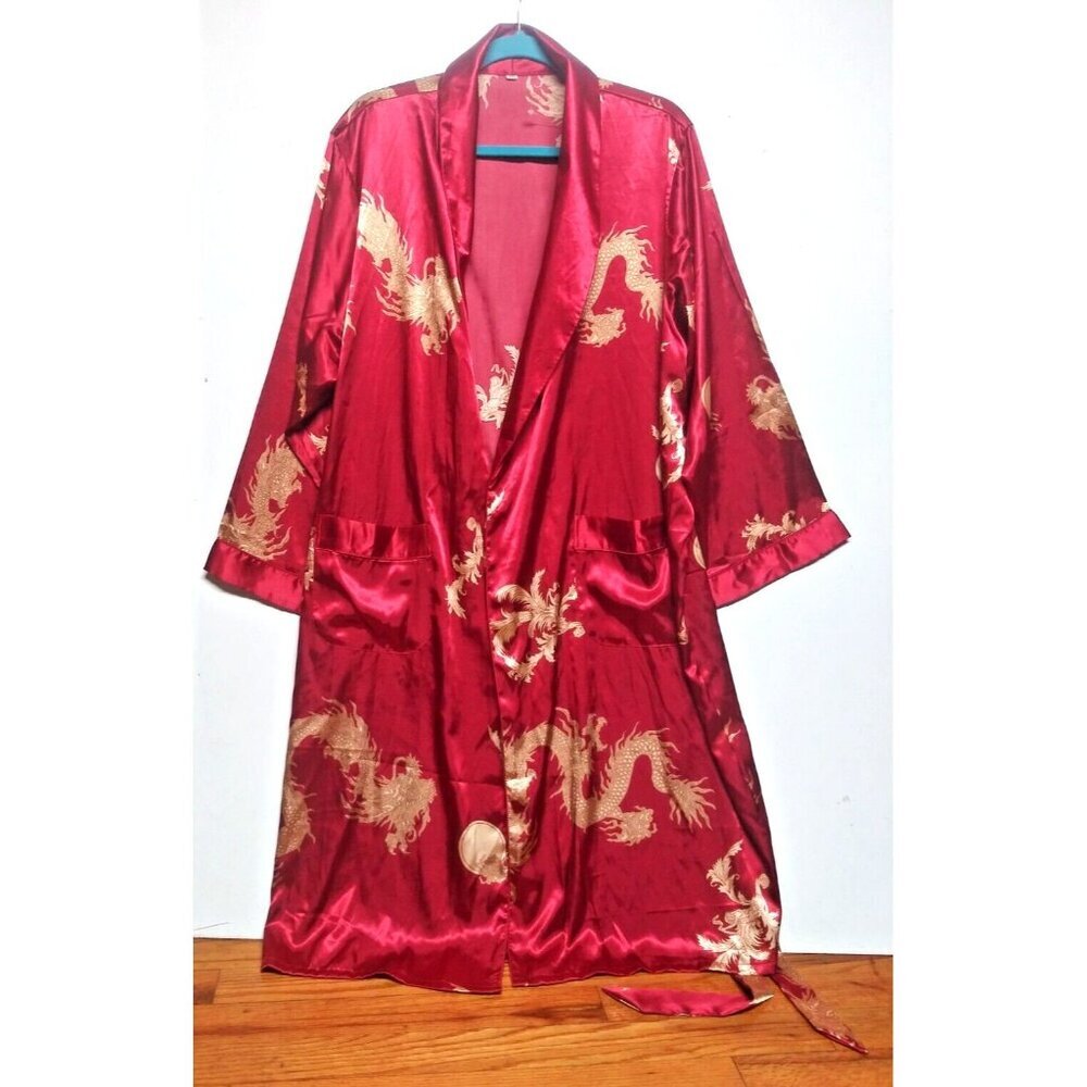 Silky Satin Kimono Robe Dragon print allover Red Tan Unisex L / XL / 2XL pockets